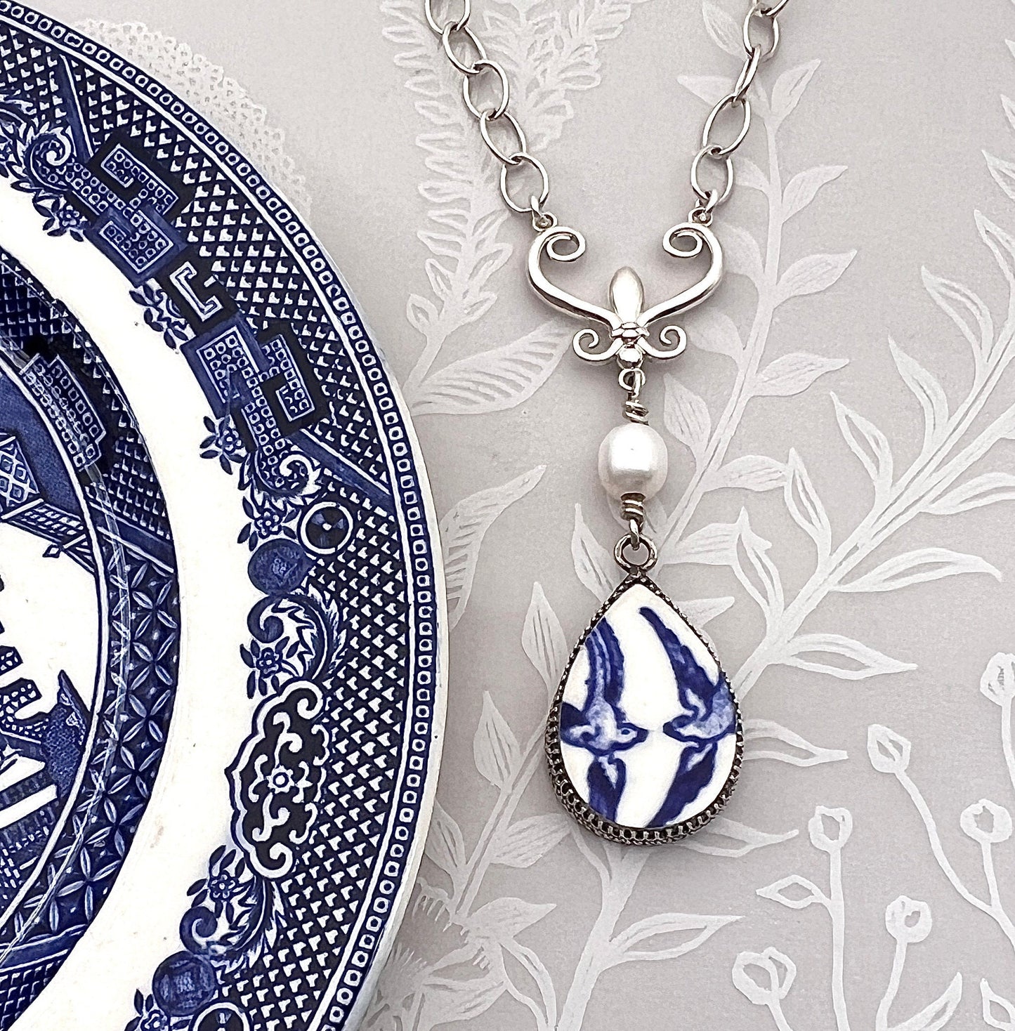 Love Birds Blue Willow Necklace, Broken China Jewelry, Romantic 20th Anniversary Gift for Wife Sterling Silver