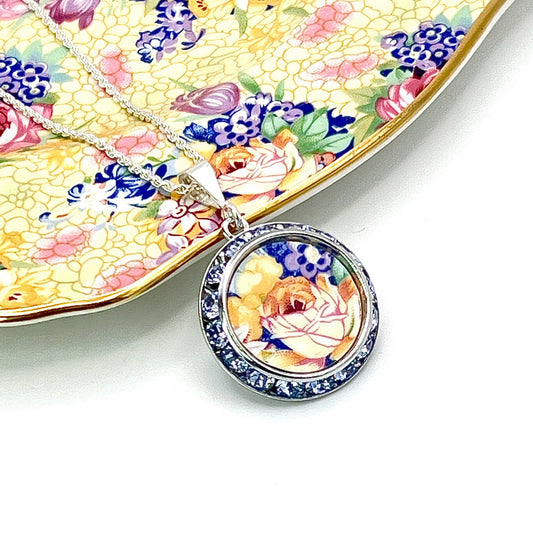 Vintage Yellow Rose Chintz China, Tanzanite Color Crystal Necklace, Unique Friendship Gifts for Women
