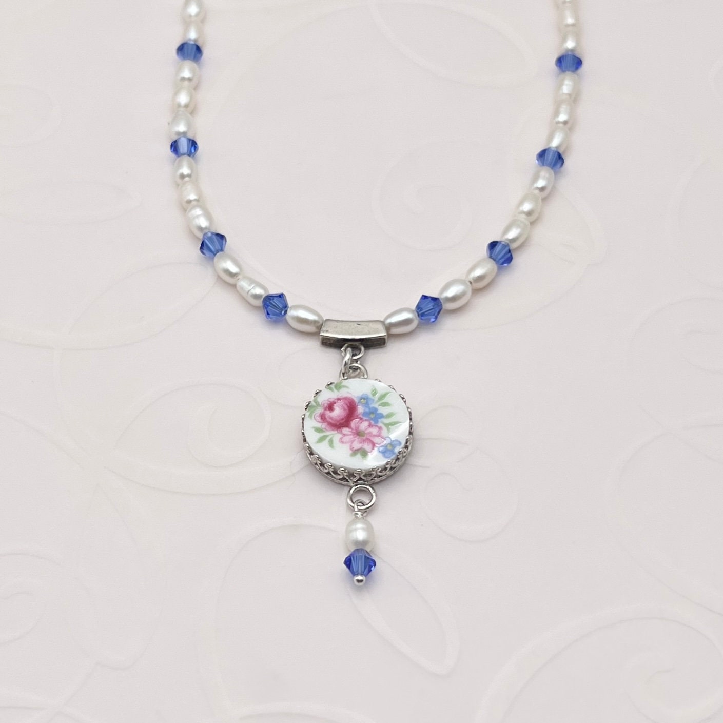 Shelley China Dainty Pearl and Crystal Necklace, 20th Anniversary Gift for Wife, Victorian Broken China Jewelry