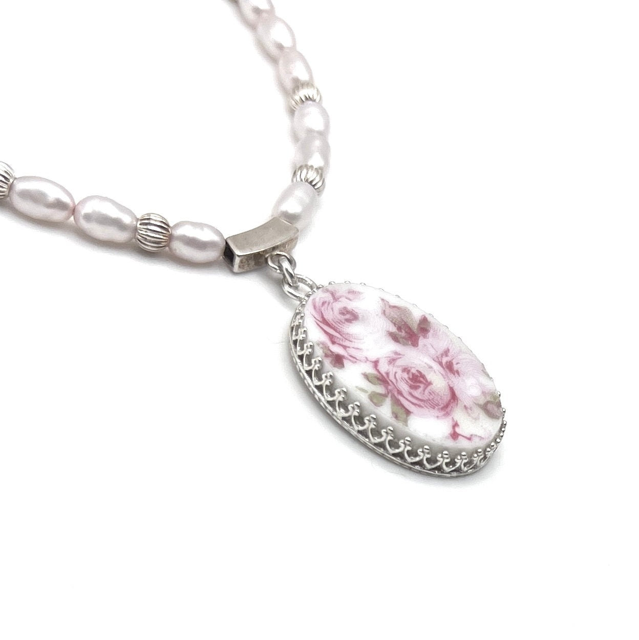 One-of-a-Kind French Limoges Rose Necklace, Broken China Jewelry, Blush Pink Pearl Necklace