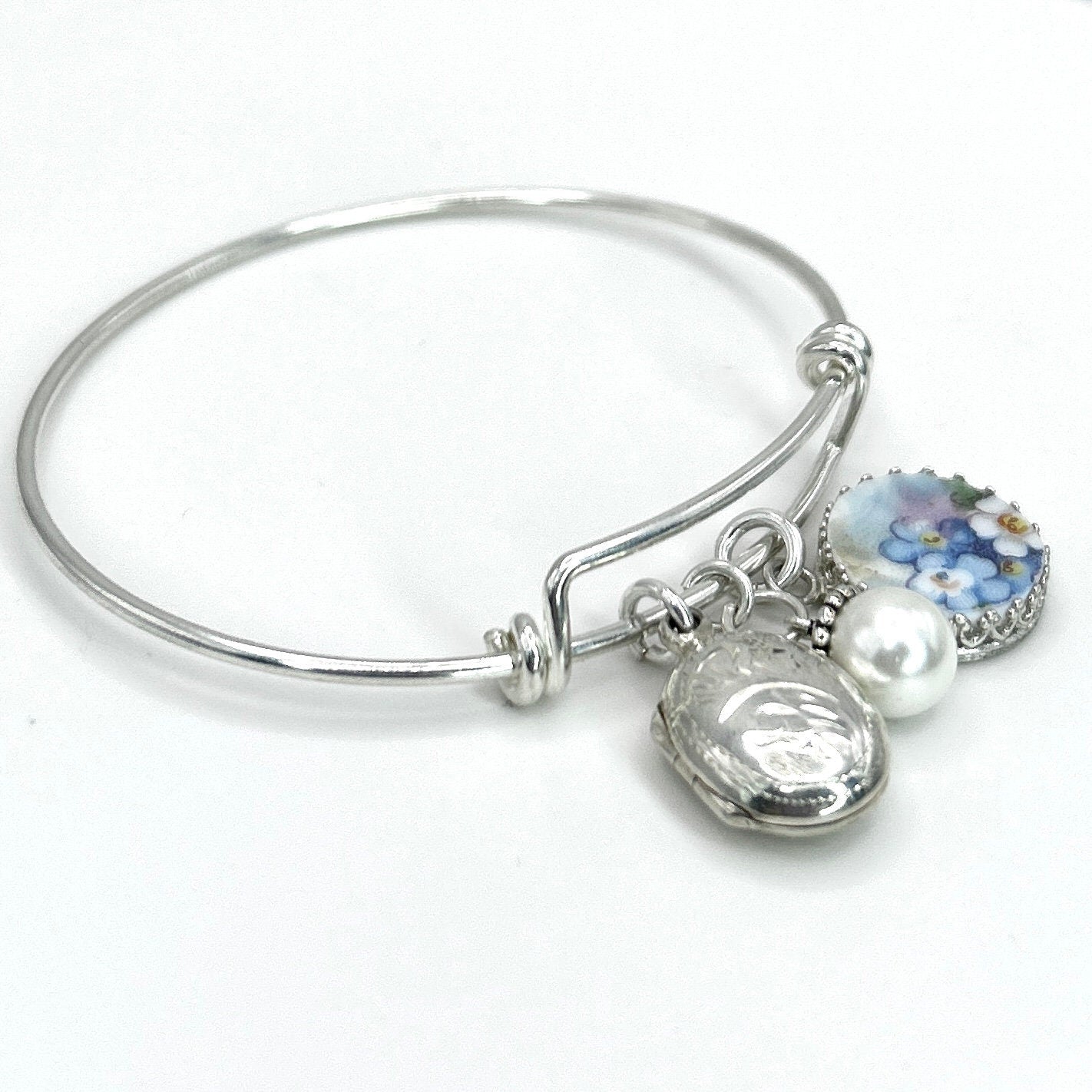 Sterling Silver Forget Me Not Bracelet, Bridal Locket Bracelet, Broken China Jewelry, Gift for Wife