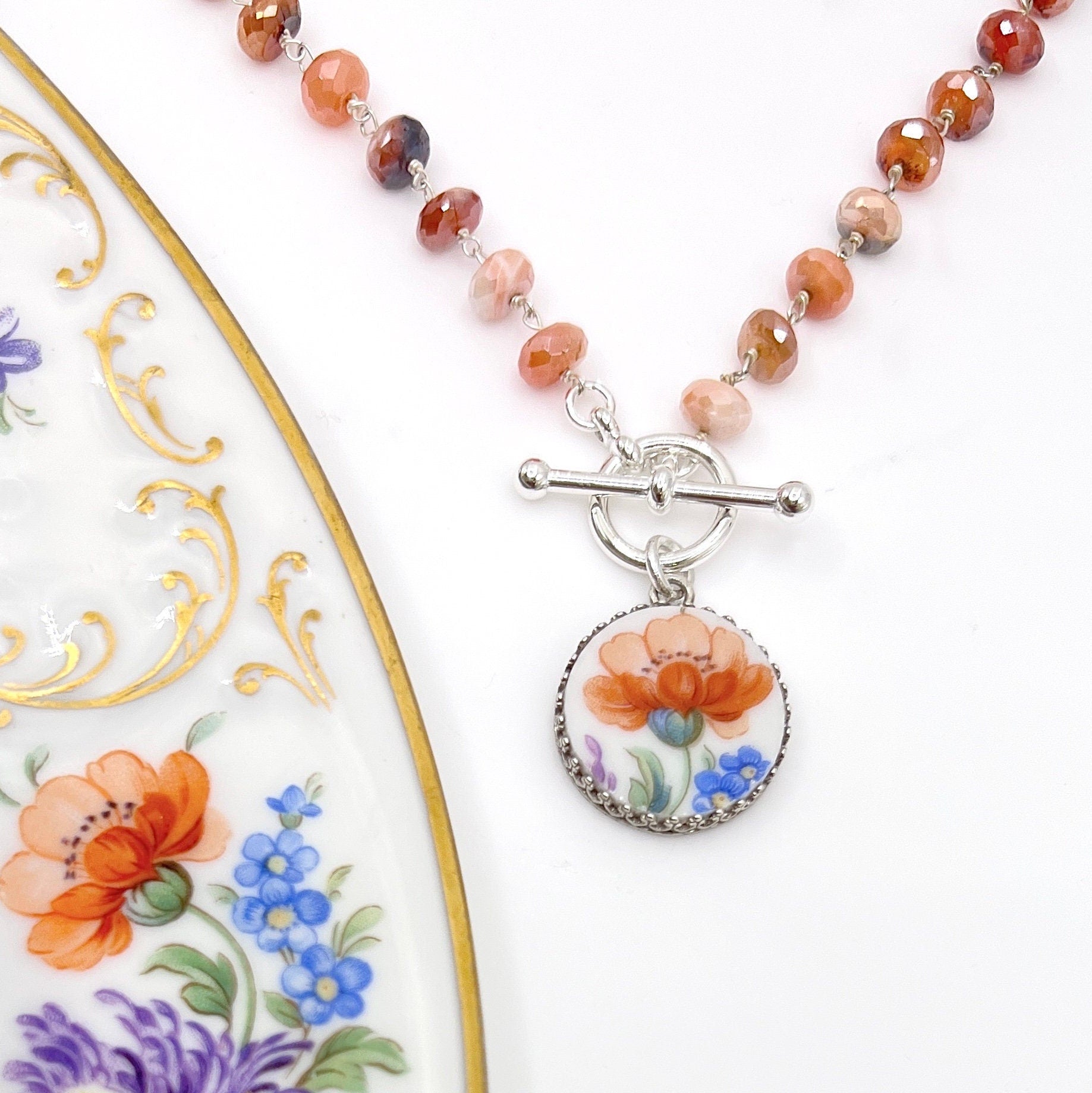 Orange Poppy Toggle Necklace, Broken China Jewelry, Unique 20th Anniversary Gifts for Wife, Carnelian Gemstone Necklace, Poppy Flower