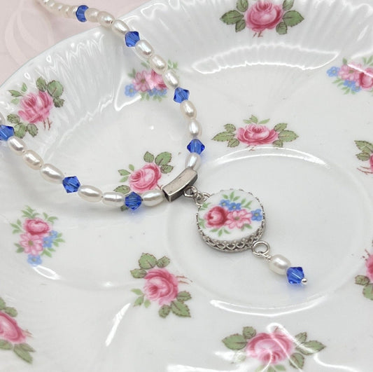 Shelley China Dainty Pearl and Crystal Necklace, 20th Anniversary Gift for Wife, Victorian Broken China Jewelry
