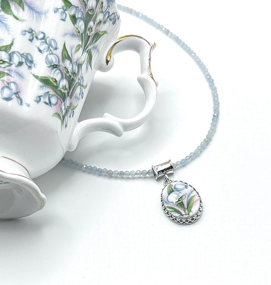 Dainty Lily of the Valley Aquamarine Necklace, Broken China Jewelry, Anniversary Gift for Wife