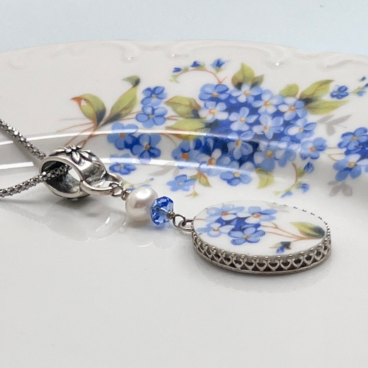Forget Me Not Sapphire and Pearl Necklace, 20th Anniversary Gifts, Sterling Silver Broken China Jewelry