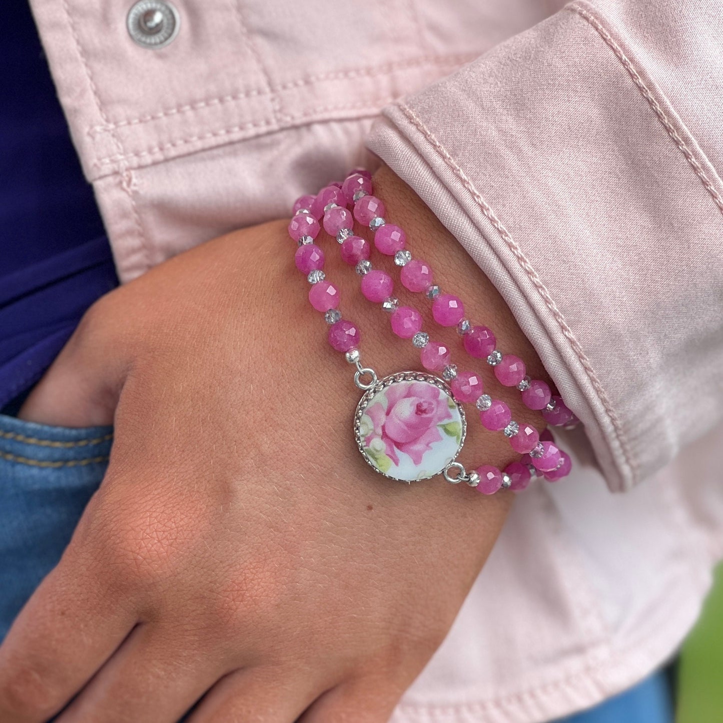 Pink Rose Summer Beaded Wrap Bracelet, Broken China Jewelry, Anniversary Gift, Crystal and Jade