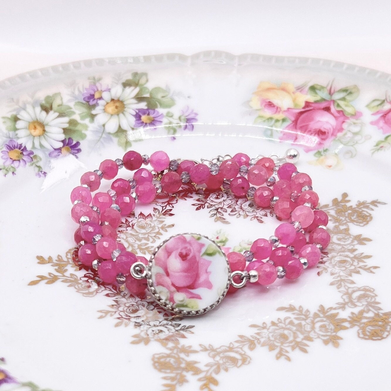 Pink Rose Summer Beaded Wrap Bracelet, Broken China Jewelry, Anniversary Gift, Crystal and Jade