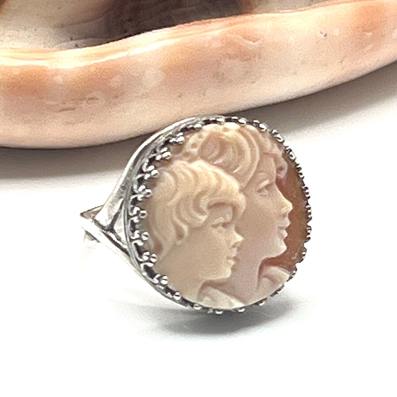 Vintage Mother and Child Cameo Ring, Italian Shell Cameo Jewelry, Sterling Silver Adjustable Rings for Women