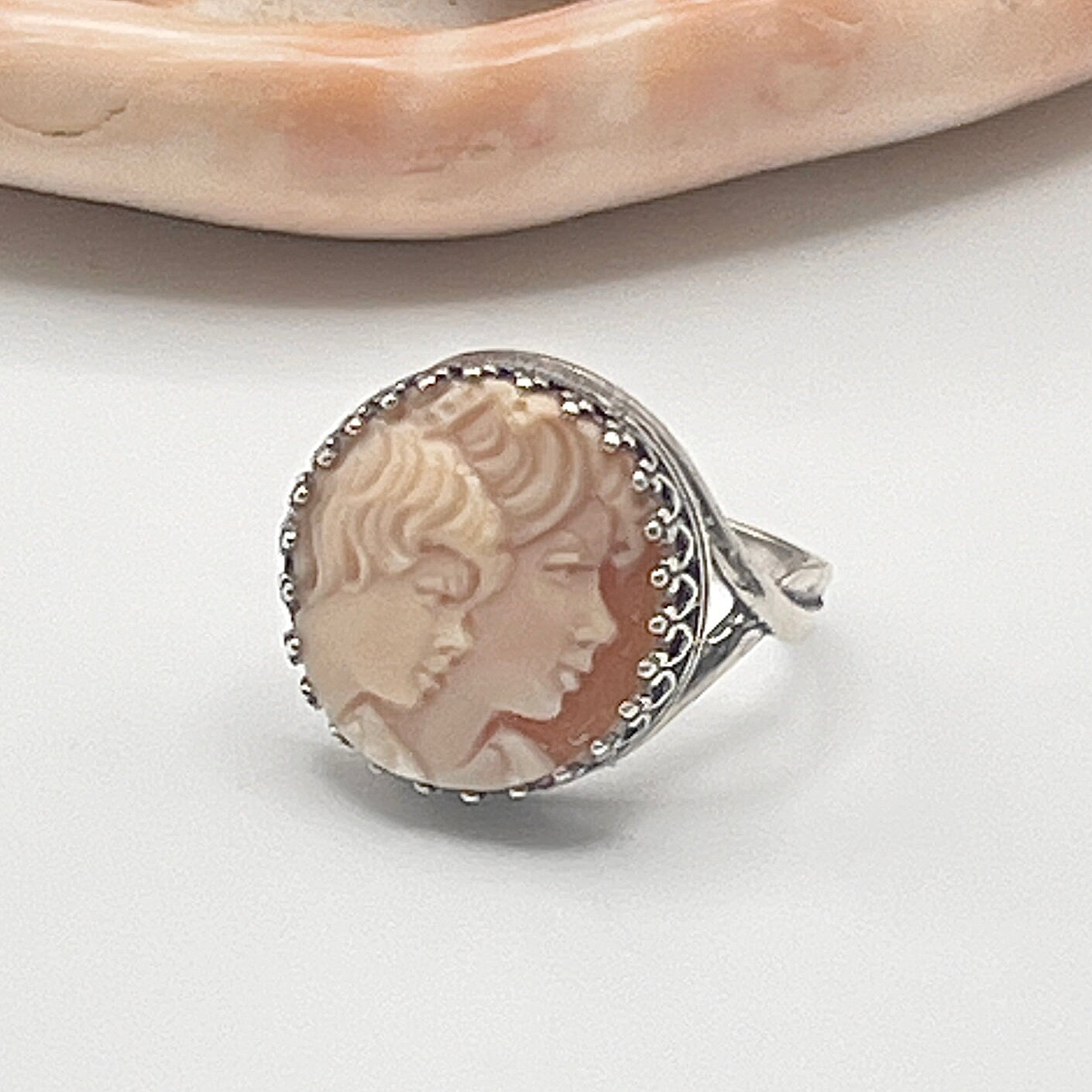 Vintage Mother and Child Cameo Ring, Italian Shell Cameo Jewelry, Sterling Silver Adjustable Rings for Women