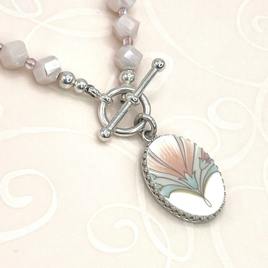 Art Nouveau Crystal Toggle Necklace, Broken China Jewelry, Unique Anniversary Gifts for Wife,