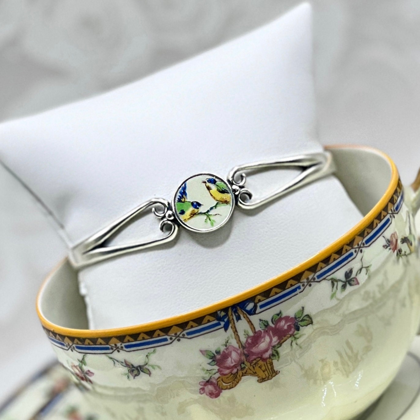 Romantic Anniversary Gift for Wife, Love Birds Broken China Jewelry 20th Anniversary Gift, Dainty Sterling Silver Cuff Bracelet