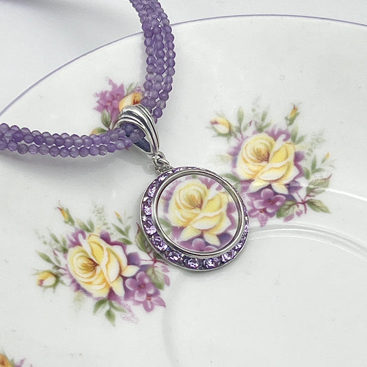 Purple Amethyst Yellow Rose Broken China Necklace, Crystal Jewelry, Unique Gift for Friend