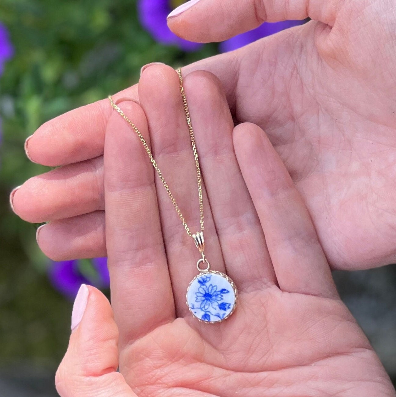 CUSTOM 14k Solid Gold Dainty China Necklace, 20th Anniversary Gifts for Wife, Repurposed Broken China Jewelry Victorian Pendant or Necklace