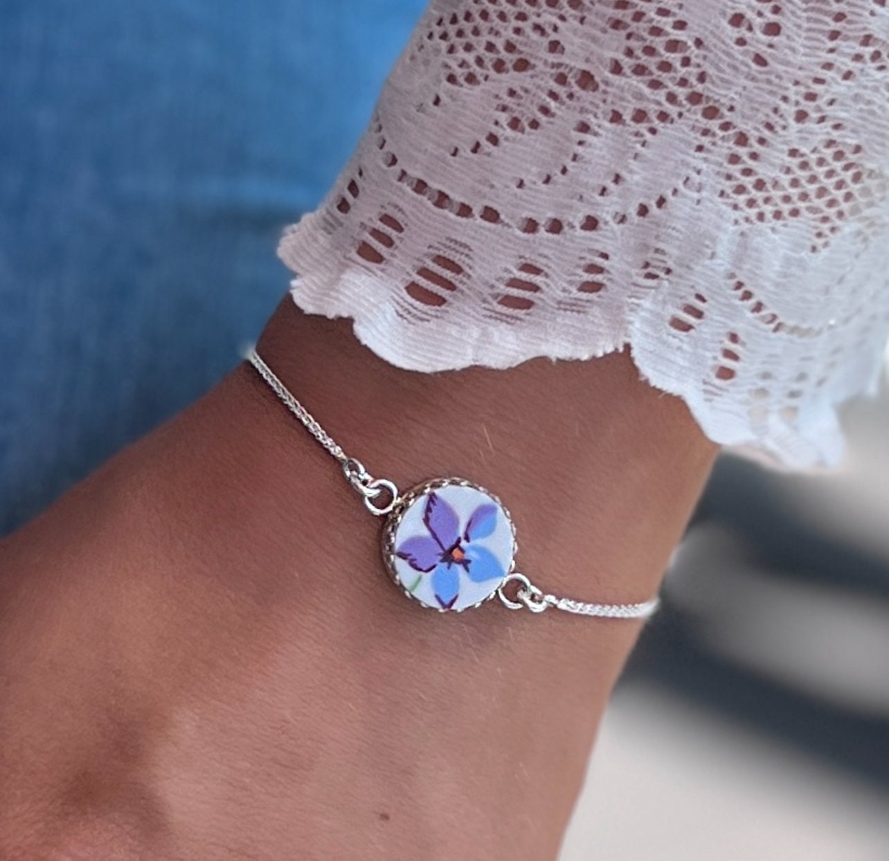 Dainty Adjustable Sterling Silver Bracelet, Vintage Purple Violet China, Broken China Jewelry, Unique Handmade Jewelry Gifts for Women