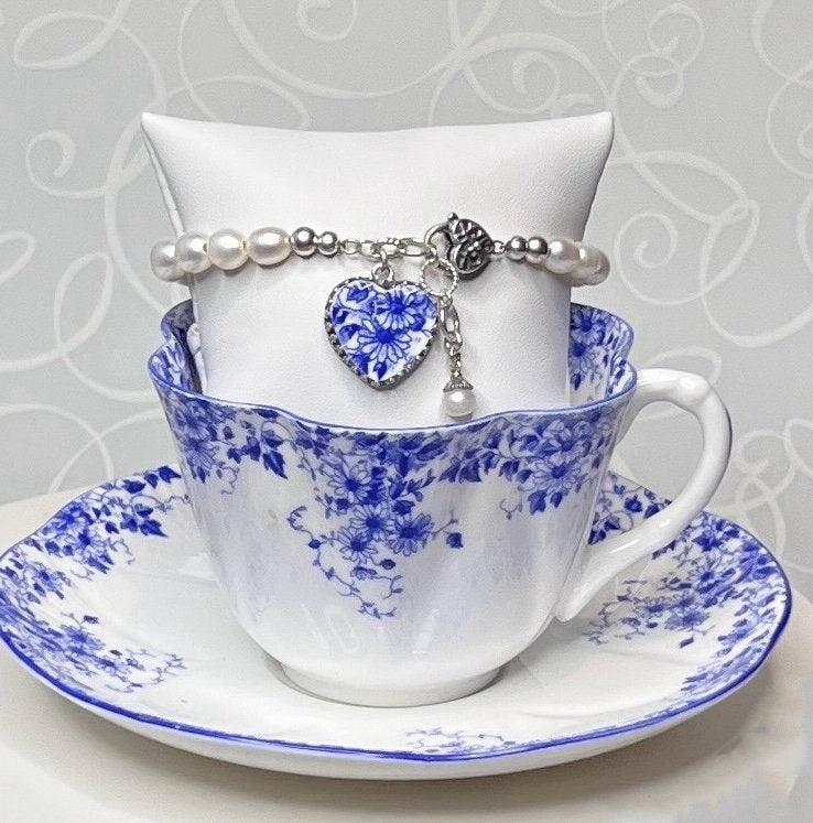 20th Anniversary Gift for Wife, Daisy Pearl Bracelet, Shelley Dainty Blue Broken China Jewelry, Unique Gifts for Women