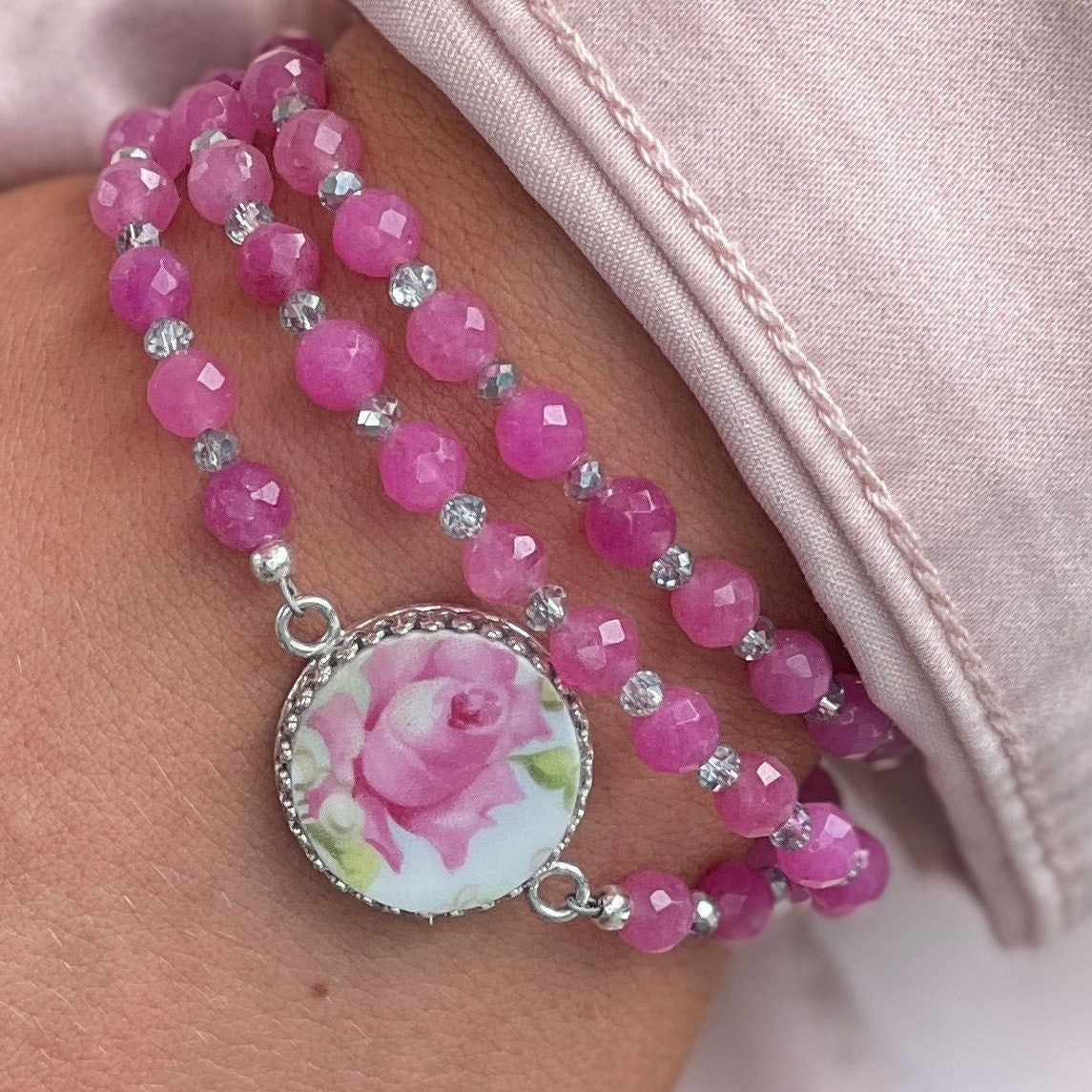 Pink Rose Summer Beaded Wrap Bracelet, Broken China Jewelry, Anniversary Gift, Crystal and Jade