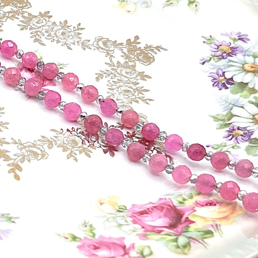 Pink Rose Summer Beaded Wrap Bracelet, Broken China Jewelry, Anniversary Gift, Crystal and Jade