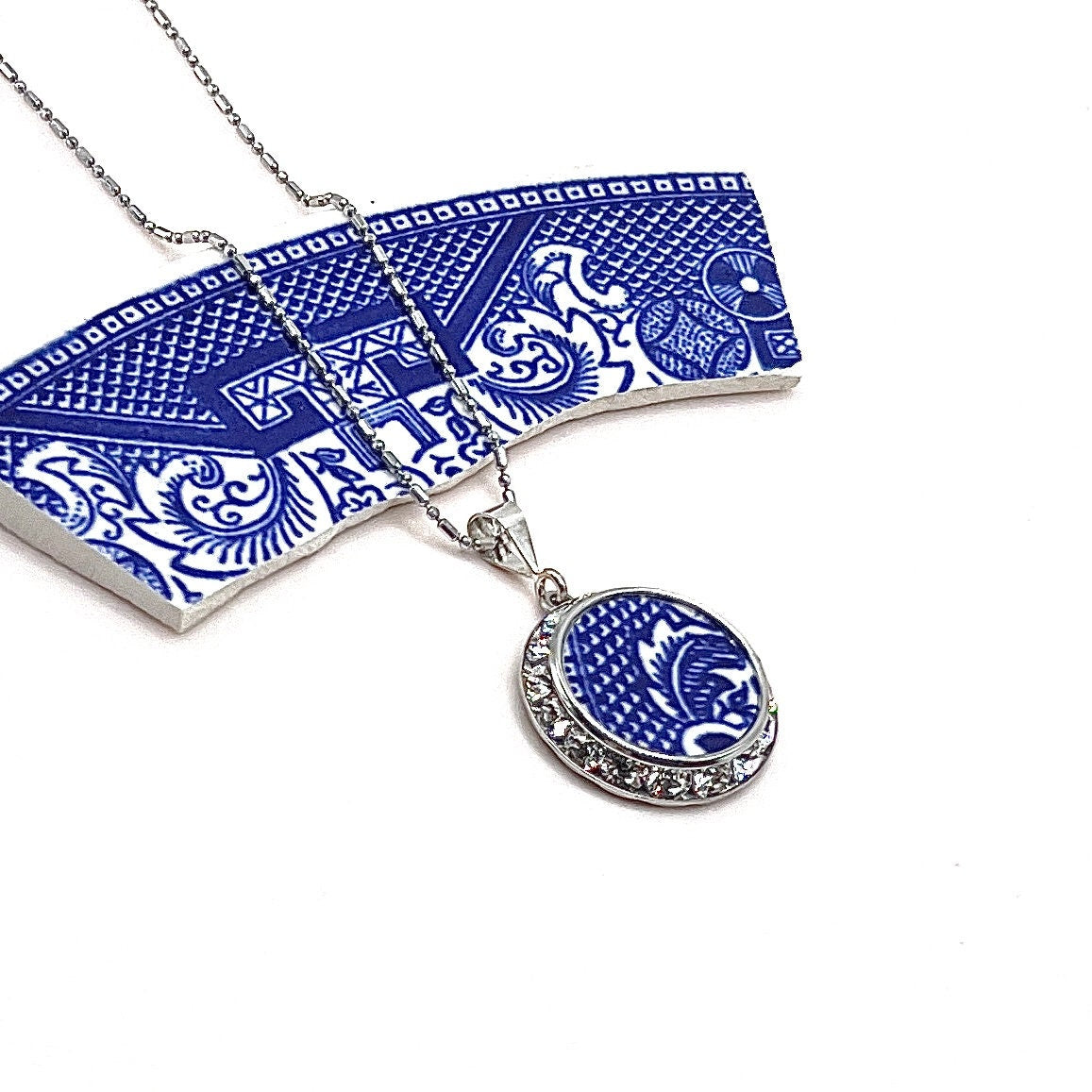 Unique 9th Wedding Anniversary Gift for Wife, Adjustable Blue Willow Necklace, Broken China Jewelry