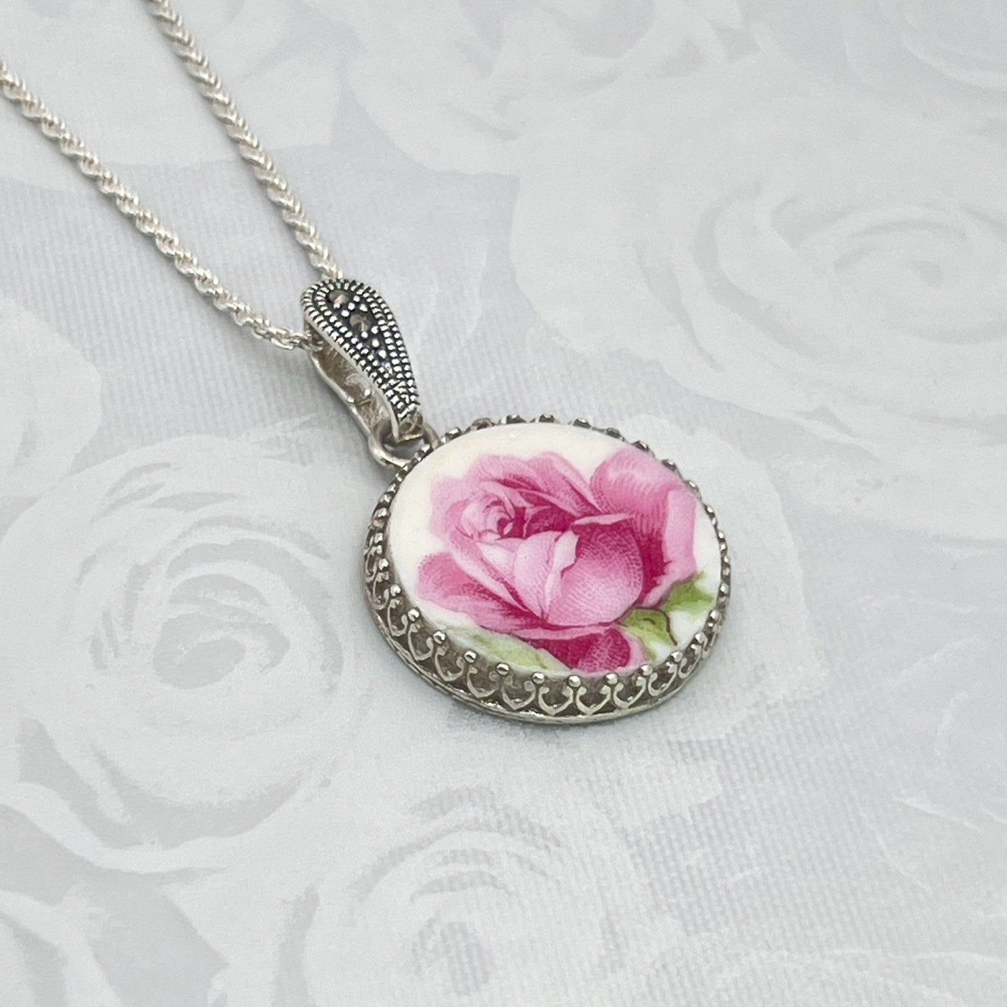 Broken China Jewelry, Vintage China and Marcasite Rose Necklace, 20th Wedding Anniversary Gift for Wife