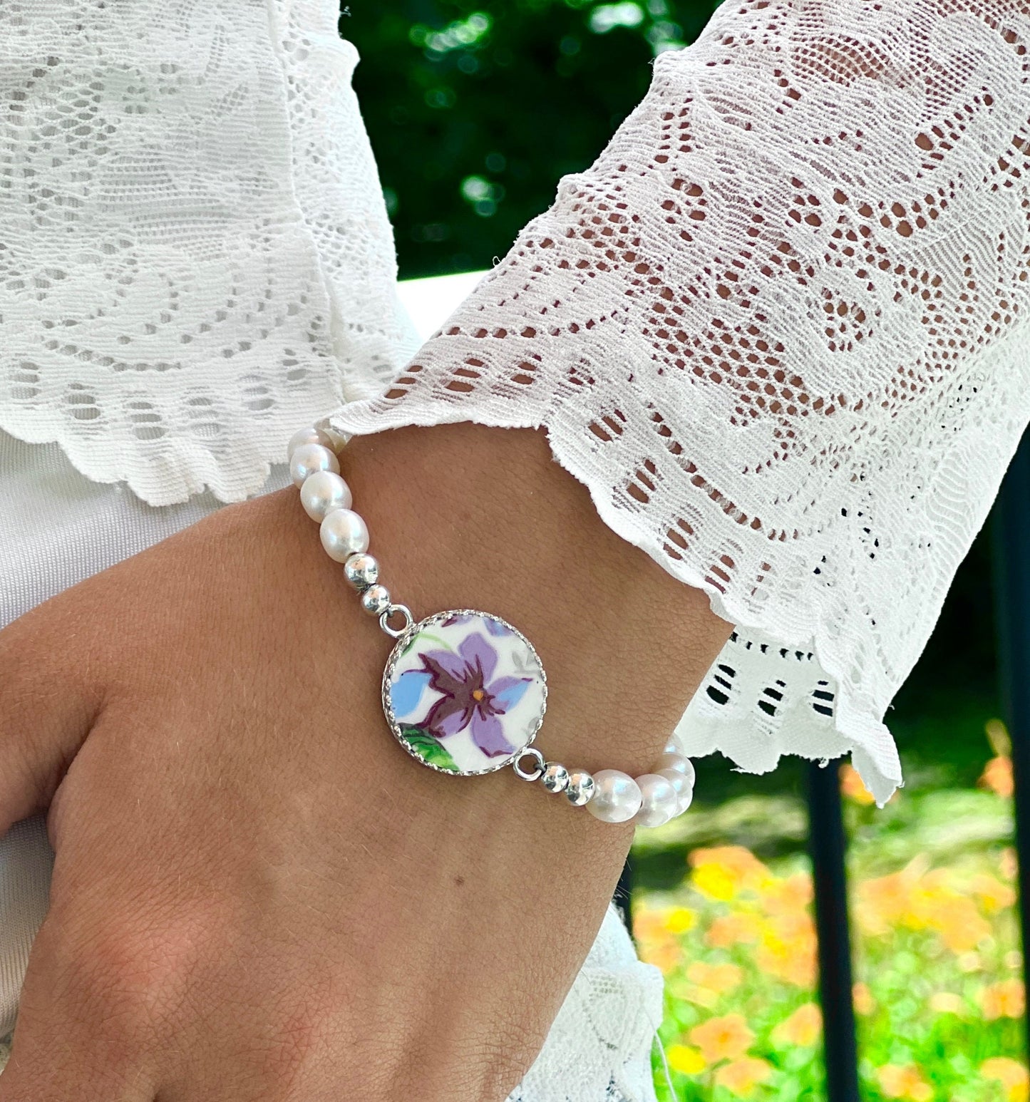 20th Wedding Anniversary Traditional Gift for Wife, Pearl Bracelet, Purple Violet Broken China Jewelry