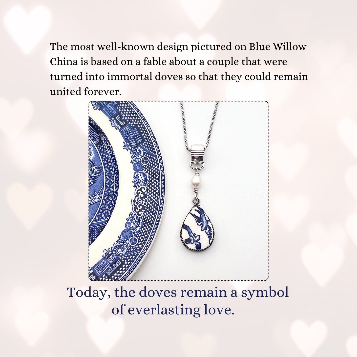 Romantic Blue Willow China 20th Anniversary Gift for Wife, Love Birds Vintage China Necklace, Broken China Jewelry, Pearl Jewelry