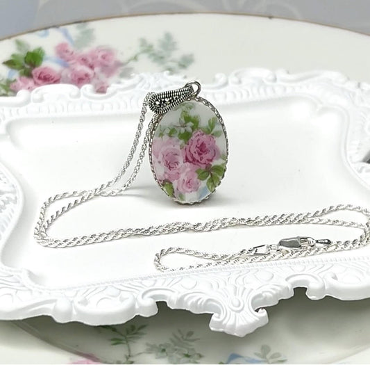 Broken China Jewelry, Limoges Porcelain and Marcasite Rose Pendant Necklace, 18th Wedding Anniversary Gift for Wife