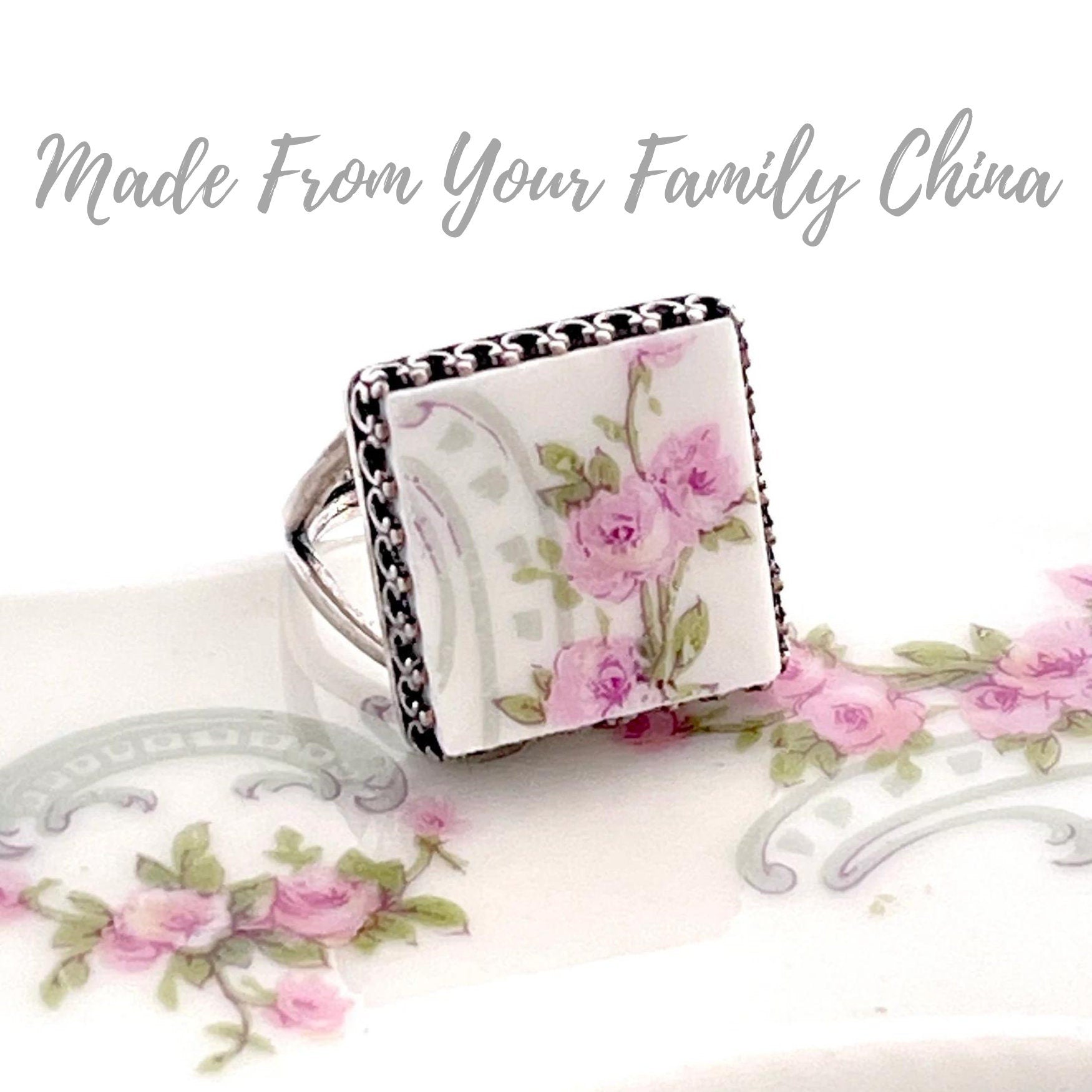 CUSTOM ORDER Square Statement Ring Broken China Jewelry, Made From Your China, Memorial Jewelry, Gift In Memory of Mom or Grandmother