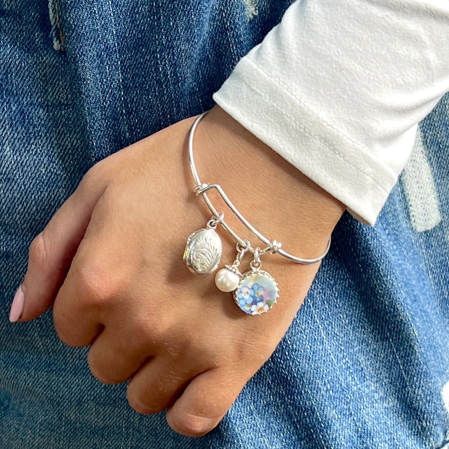 Sterling Silver Forget Me Not Bracelet, Bridal Locket Bracelet, Broken China Jewelry, Gift for Wife