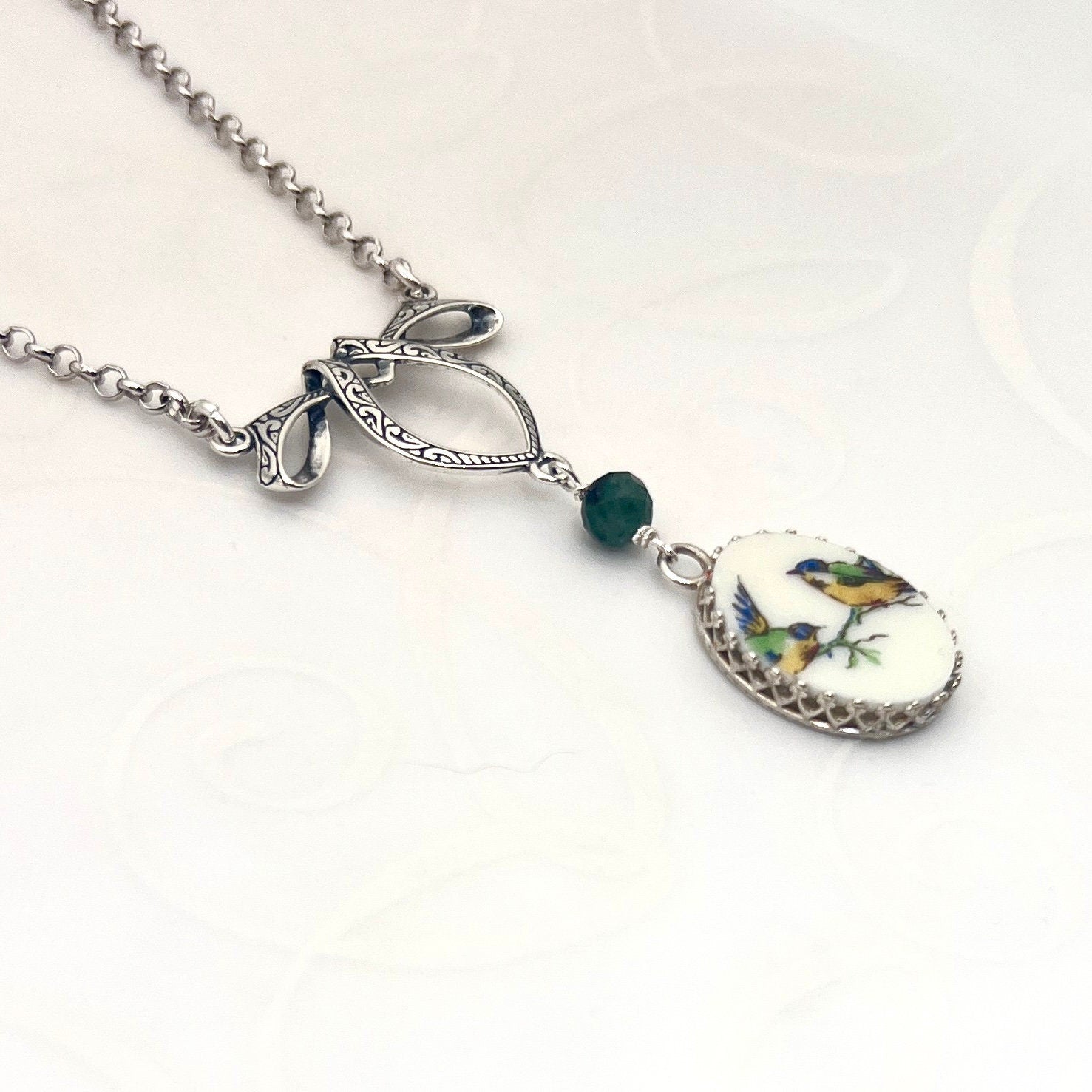 Emerald 20th Anniversary China Gift for Wife, Victorian Love Birds Broken China Jewelry, Gemstone Necklace