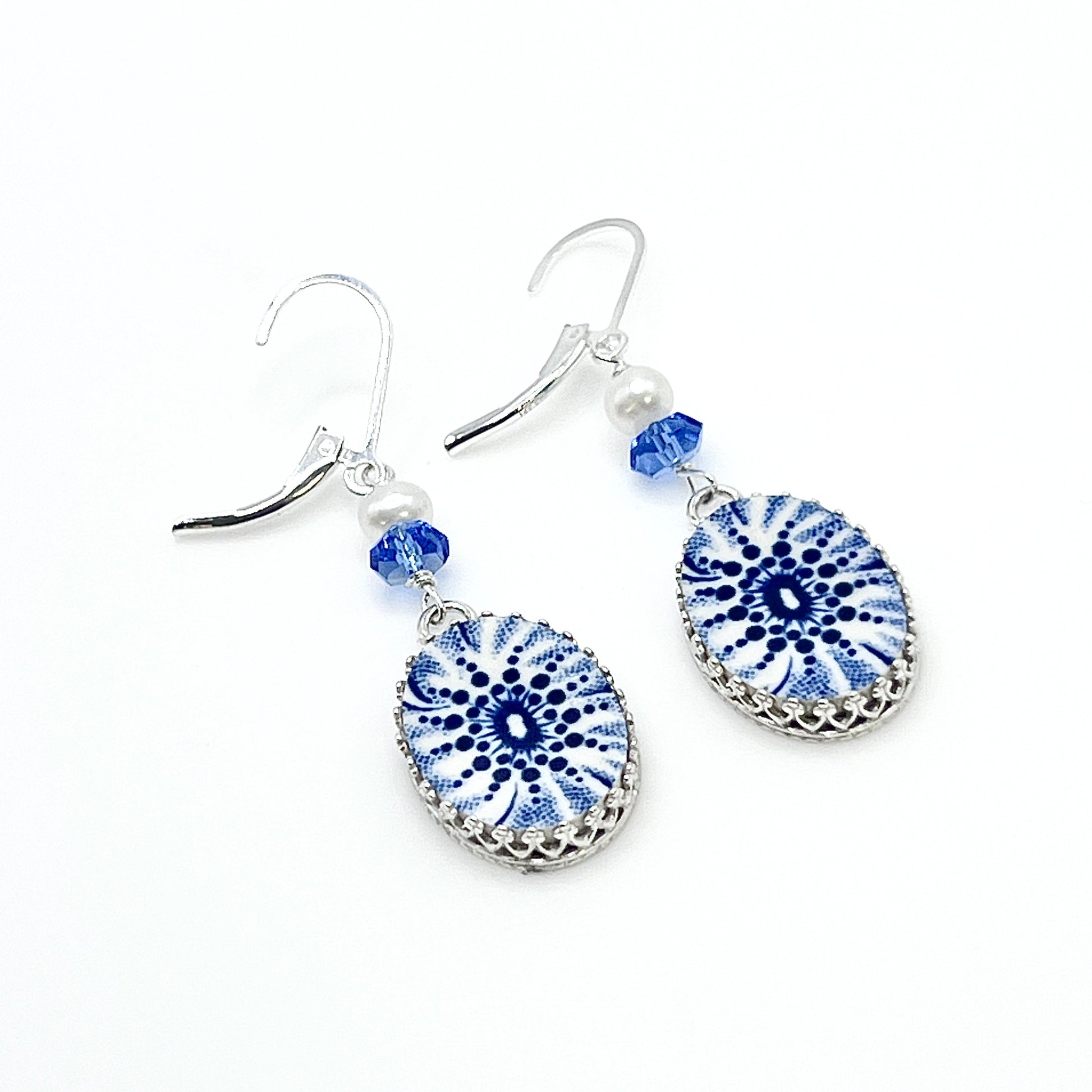 Sapphire and Pearl Earrings, Liberty Blue Broken China Jewelry, 20th Anniversary Gifts for Wife