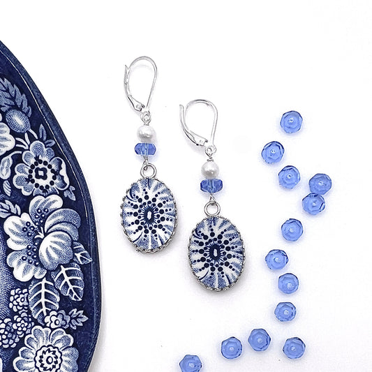 Sapphire and Pearl Earrings, Liberty Blue Broken China Jewelry, 20th Anniversary Gifts for Wife