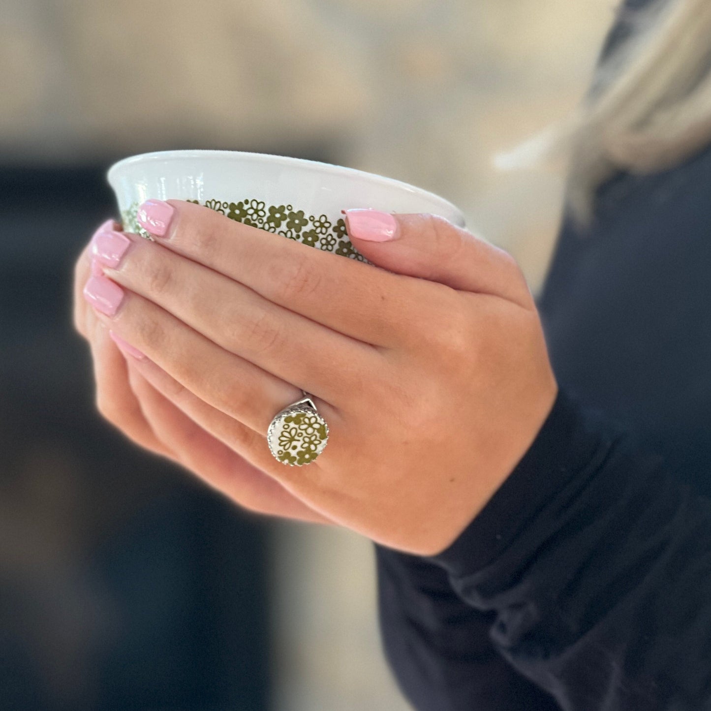 Crazy Daisy Spring Blossom Corelle Ring, Retro Vintage Glass Jewelry, Sterling Silver Adjustable Round Ring