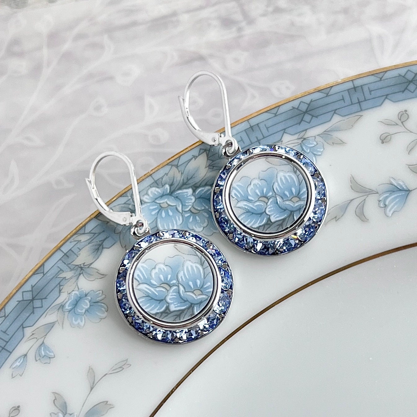 Blue Flower Crystal Earrings, Vintage Broken China Jewelry, Statement Earrings, Porcelain Earrings, Unique 20th Anniversary Gifts for Wife