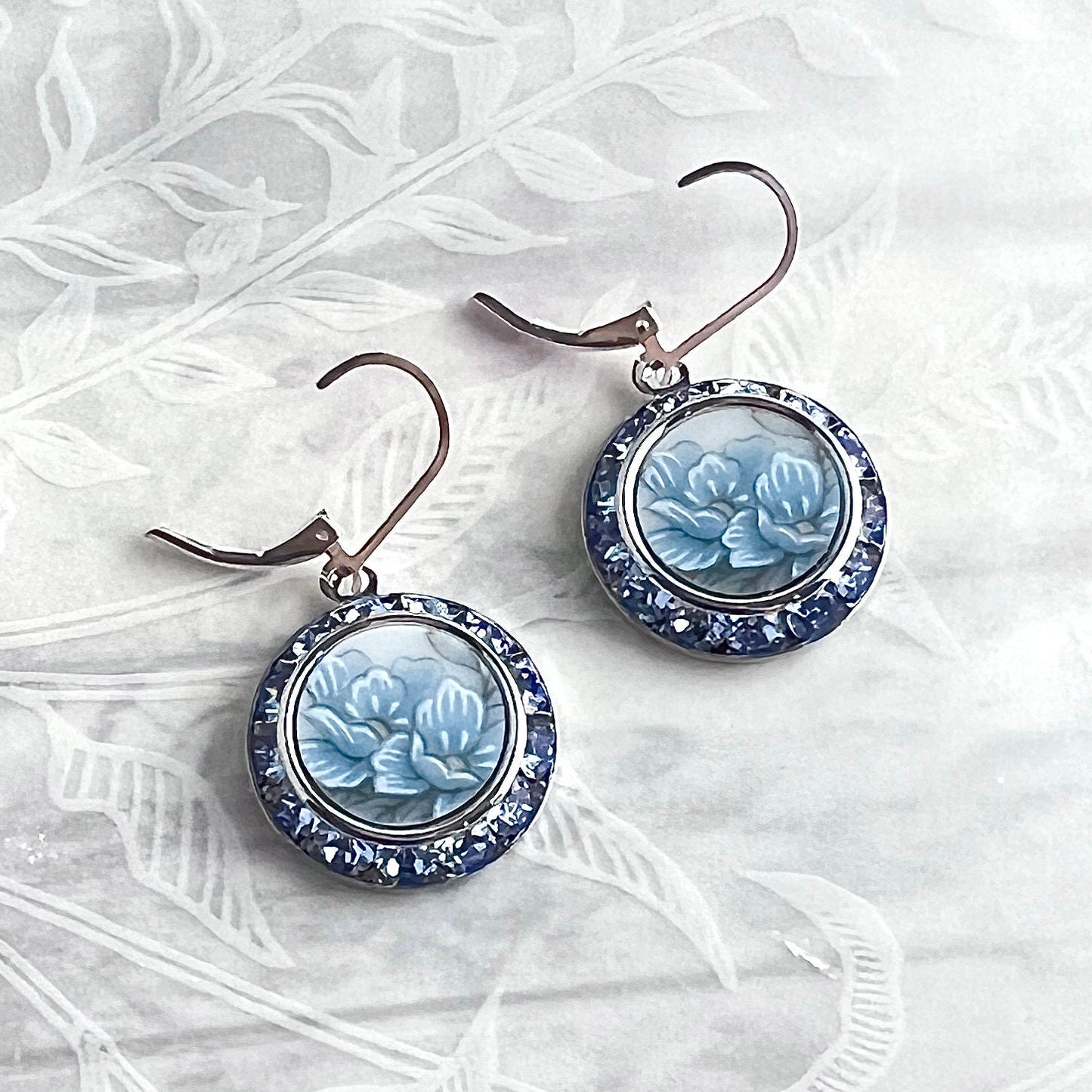 Blue Flower Crystal Earrings, Vintage Broken China Jewelry, Statement Earrings, Porcelain Earrings, Unique 20th Anniversary Gifts for Wife