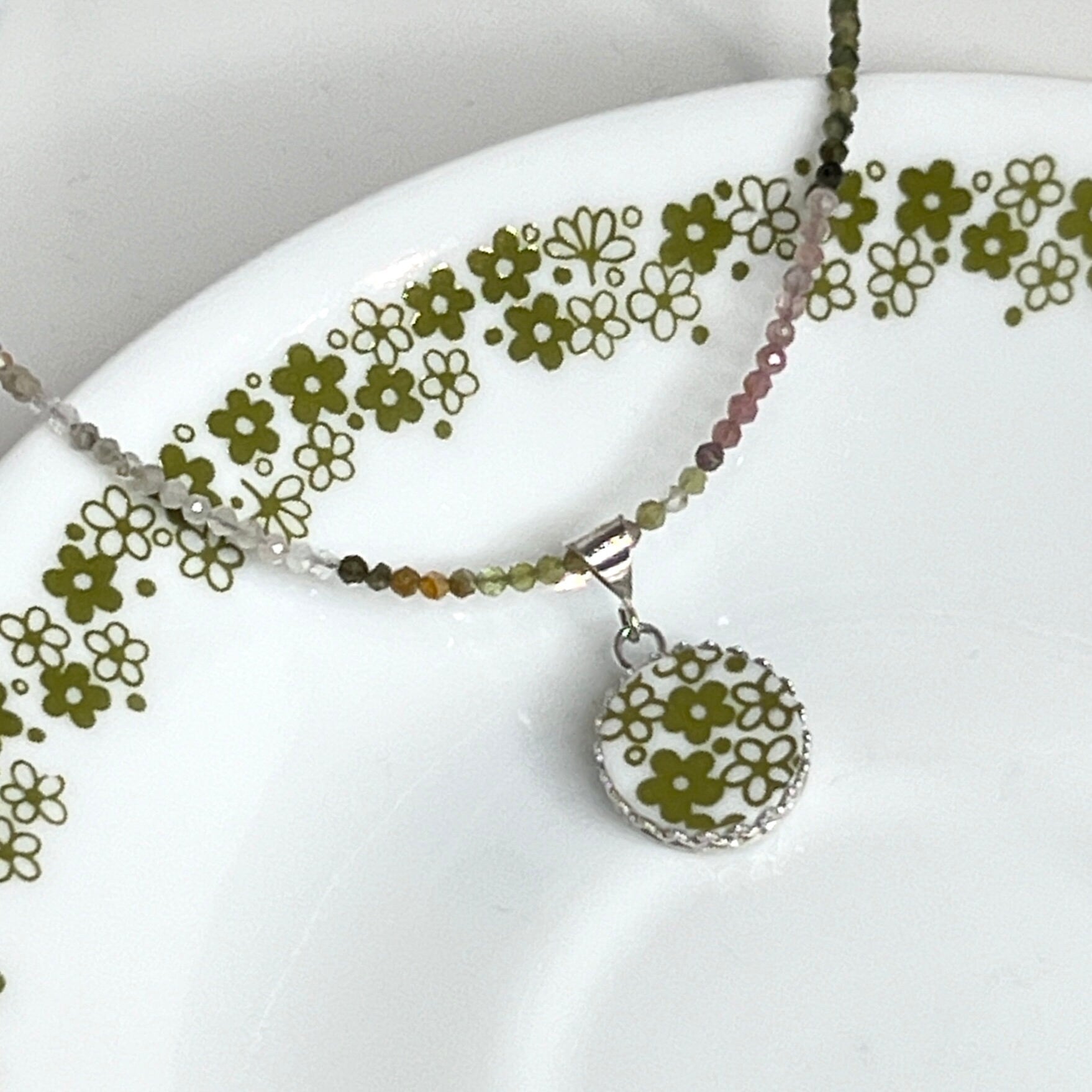 Minimalist Tourmaline Necklace, Corelle Crazy Daisy, Vintage Glass, Retro Dish Jewelry