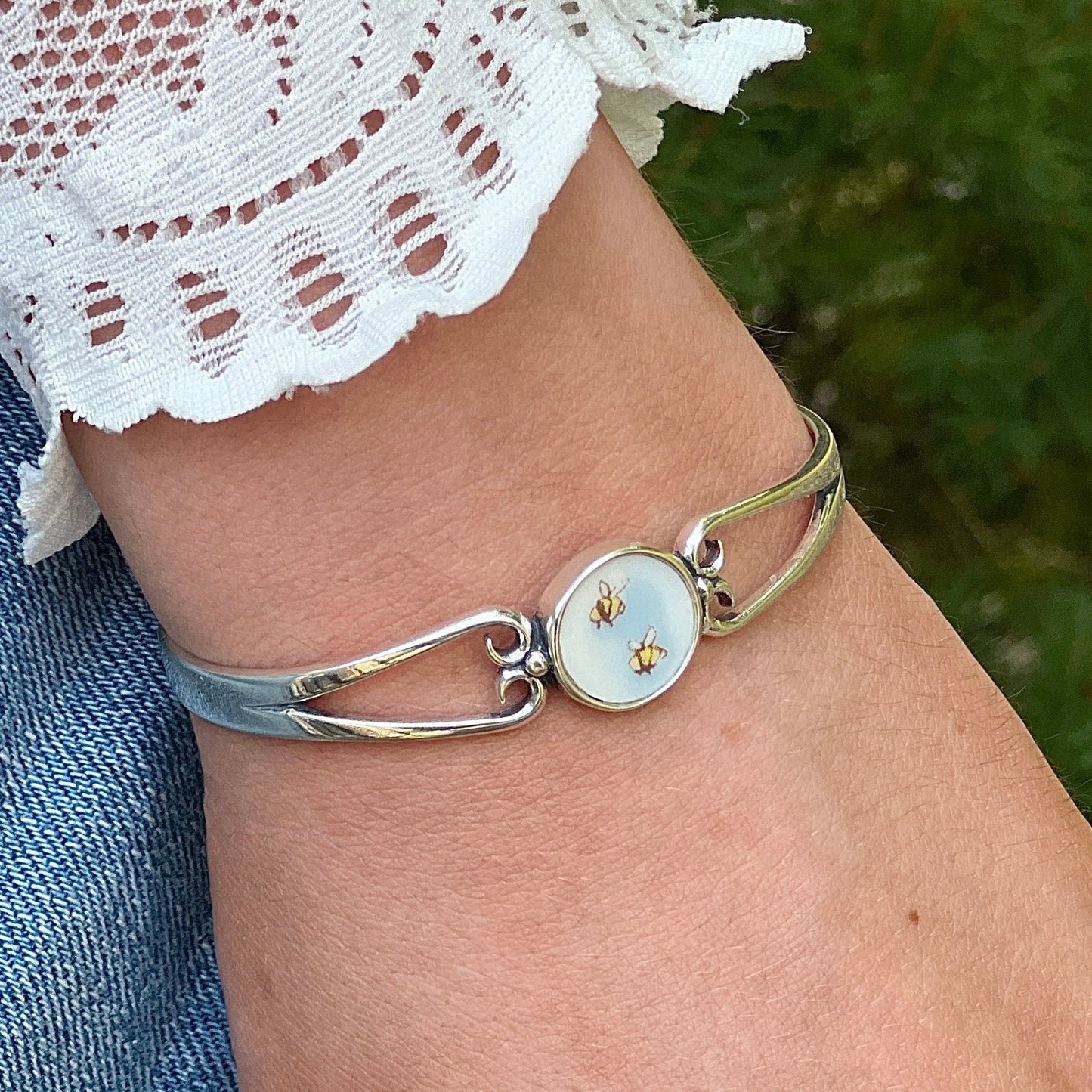 Dainty Honey Bee Bracelet, Broken China Jewelry, Insect Jewelry, Minimalist Sterling Silver Bracelet