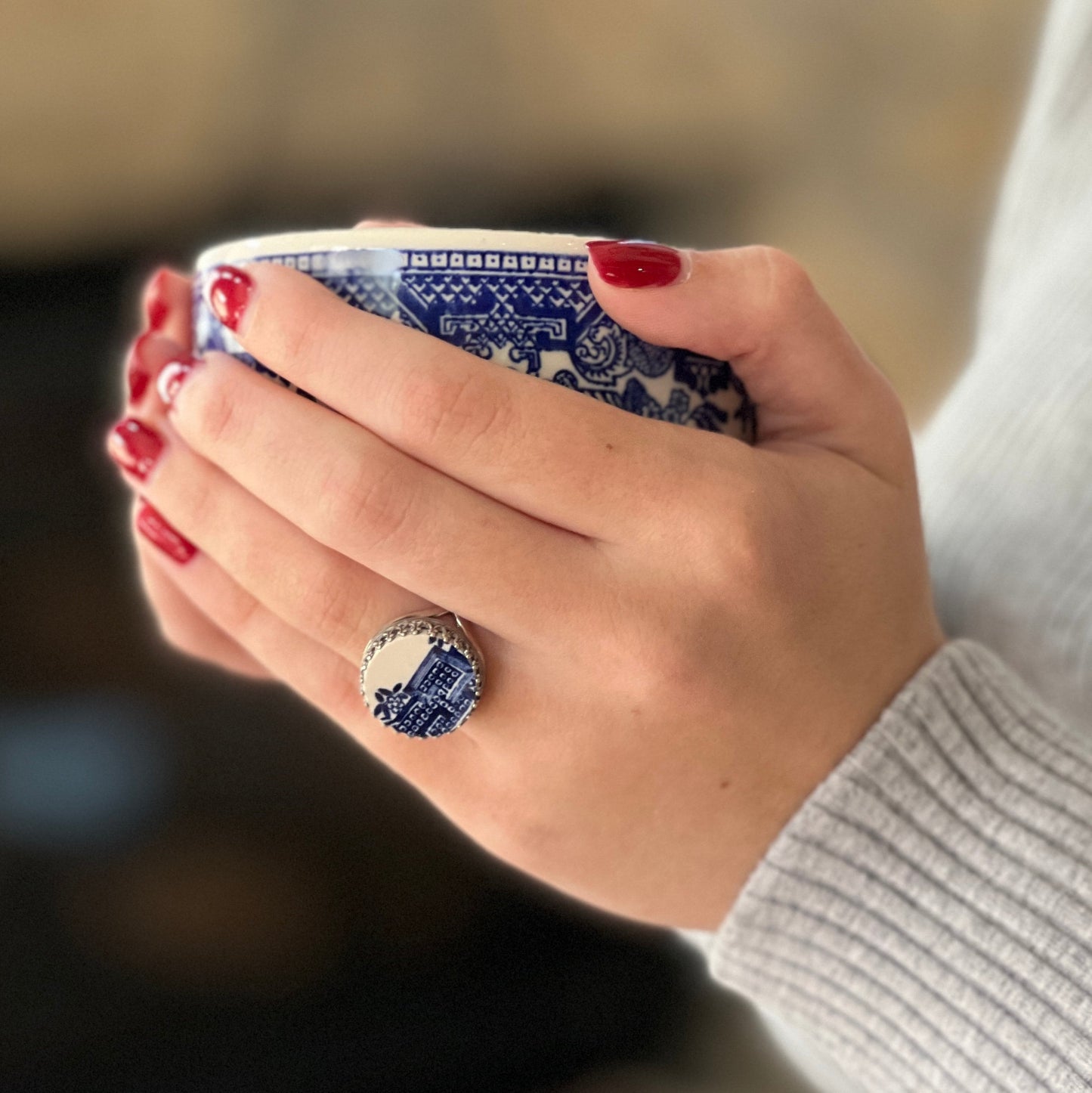 Vintage Blue Willow Ring, Repurposed Broken China Jewelry, Adjustable Sterling Silver Ring for Women, Round Geometric Blue China Ring