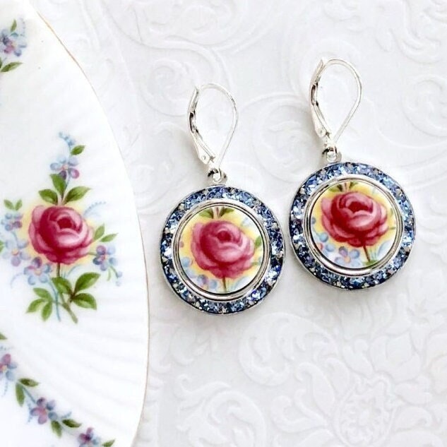 Broken China Jewelry Statement Earrings, Rose Vintage China Earrings, Crystal Earrings for Women