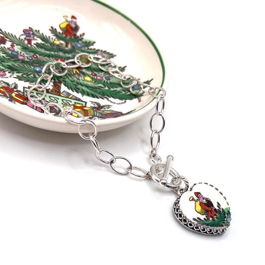 Silver Santa Bracelet, Spode Christmas Tree Broken China Jewelry, Unique Gifts for Women, Christmas Gift, Stocking Stuffer