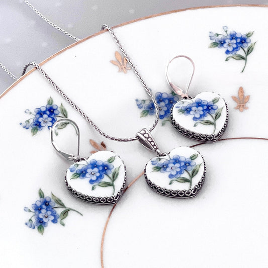 Forget Me Not China Jewelry Set, Romantic 20th Anniversary China Gift for Wife, Silver Necklace and Earrings, Gifts for Women