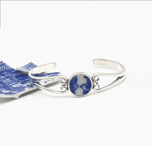 Romantic Kissing Love Birds, Blue Willow Broken China Jewelry, 9th Anniversary and 20th Anniversary Gift for Wife, Sterling Silver