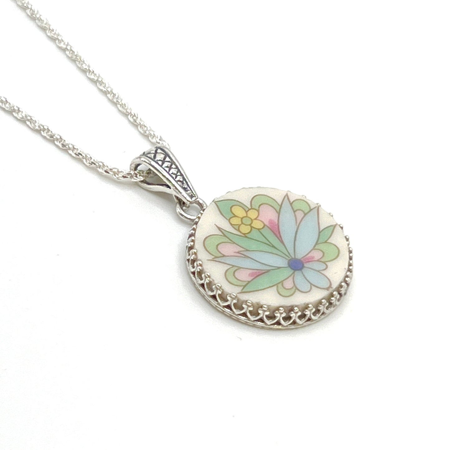 Boho Flower Necklace, 20th Anniversary Gifts for Wife, Vintage Broken China Jewelry, Sterling Silver, Fantasy Floral Jewelry