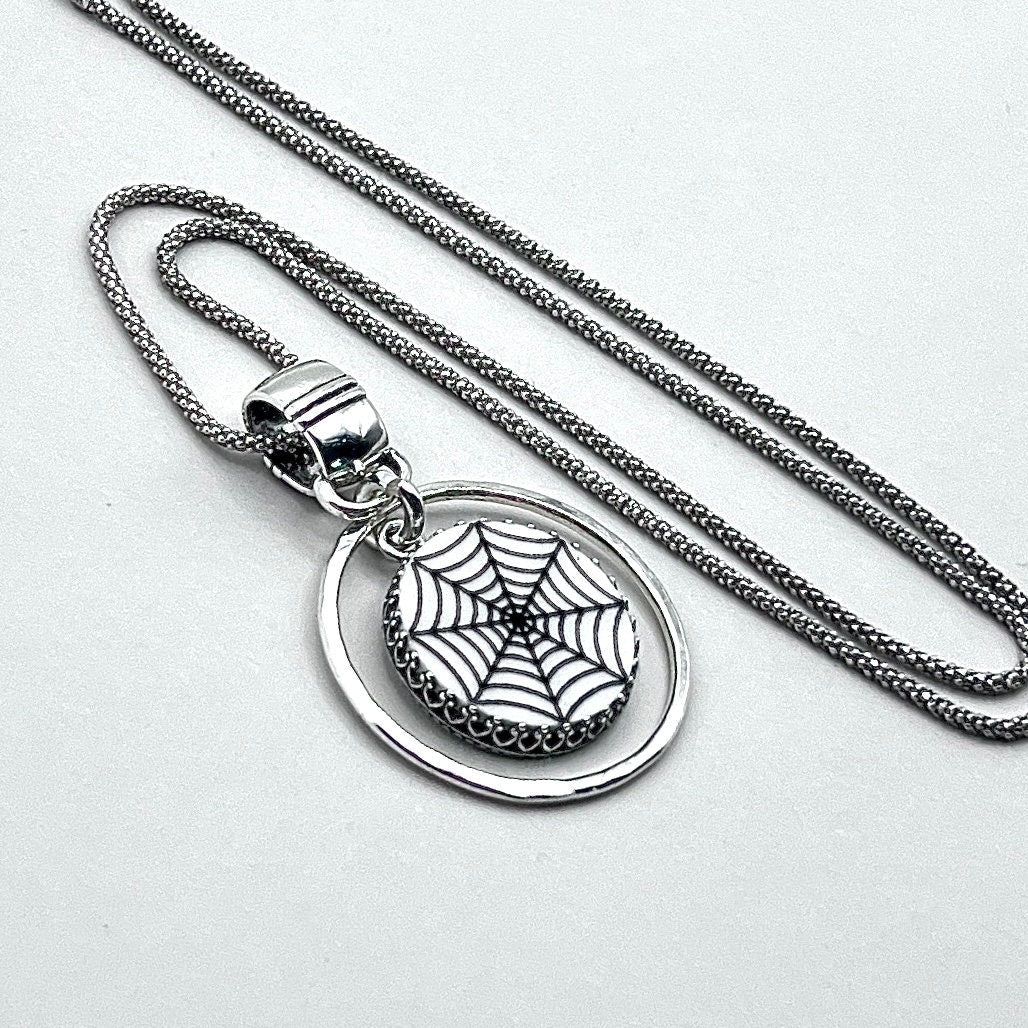 Halloween Spider Web Necklace, Broken China Jewelry, Black and White Insect Jewelry