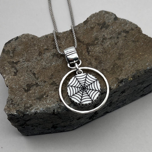 Halloween Spider Web Necklace, Broken China Jewelry, Black and White Insect Jewelry