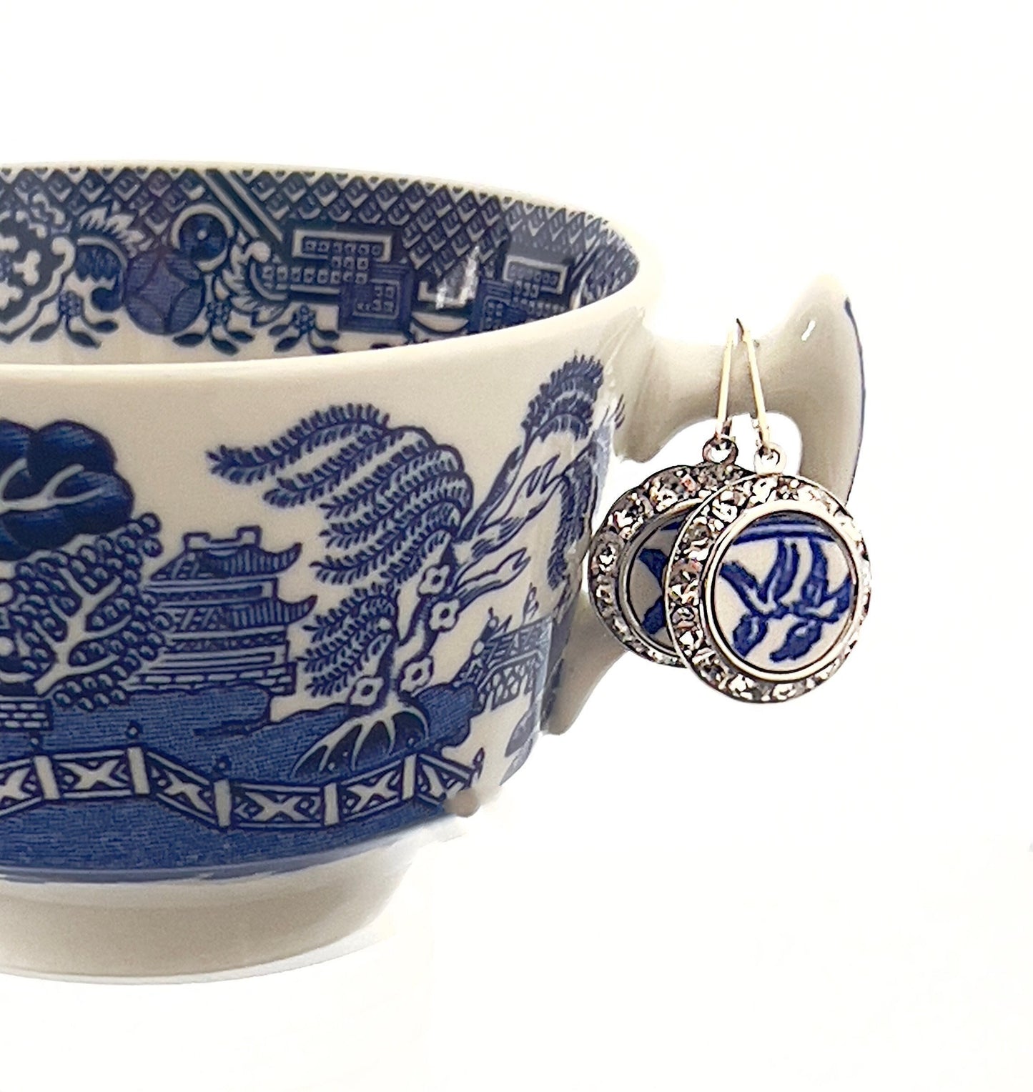 Vintage Blue Willow Broken China Jewelry Love Birds 20th Anniversary Gift for Wife