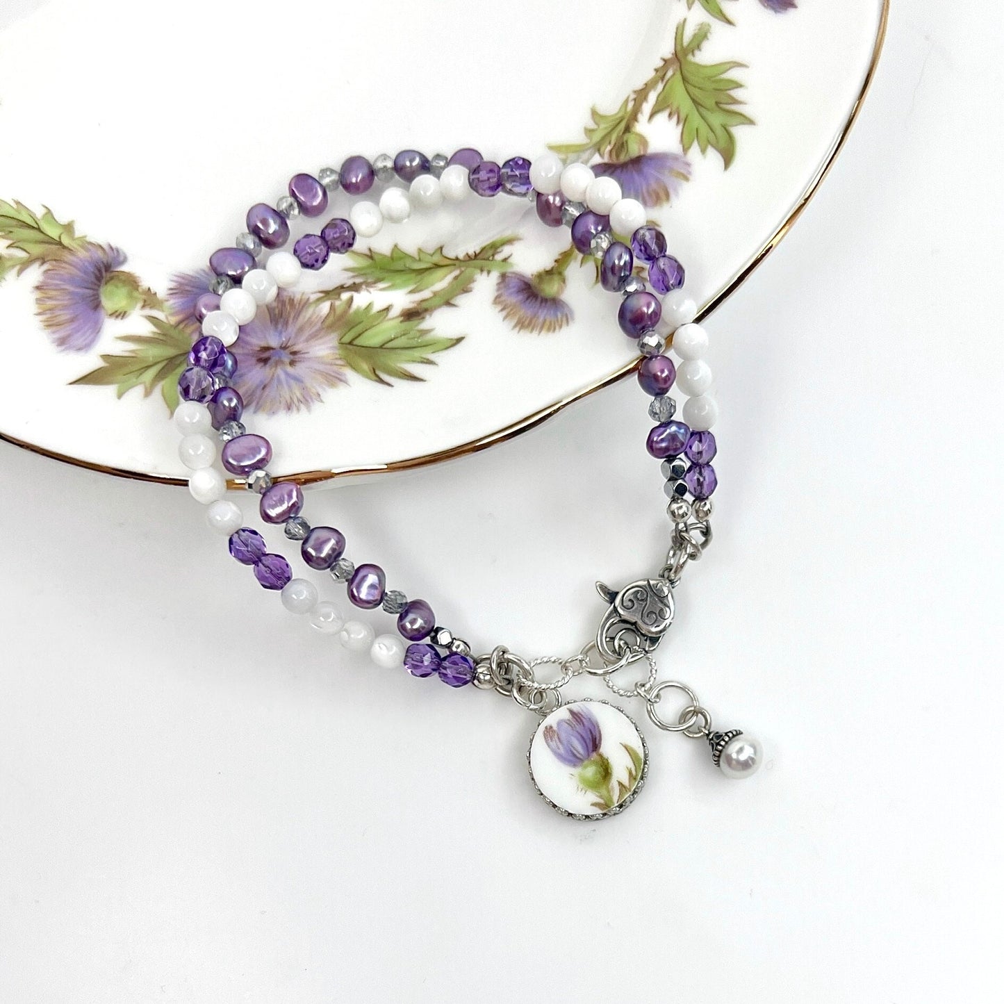 Adjustable Vintage Thistle Pearl Bracelet, Scottish Jewelry, Purple Flower Bracelet, Broken China Jewelry, 20th Anniversary Gifts for Wife