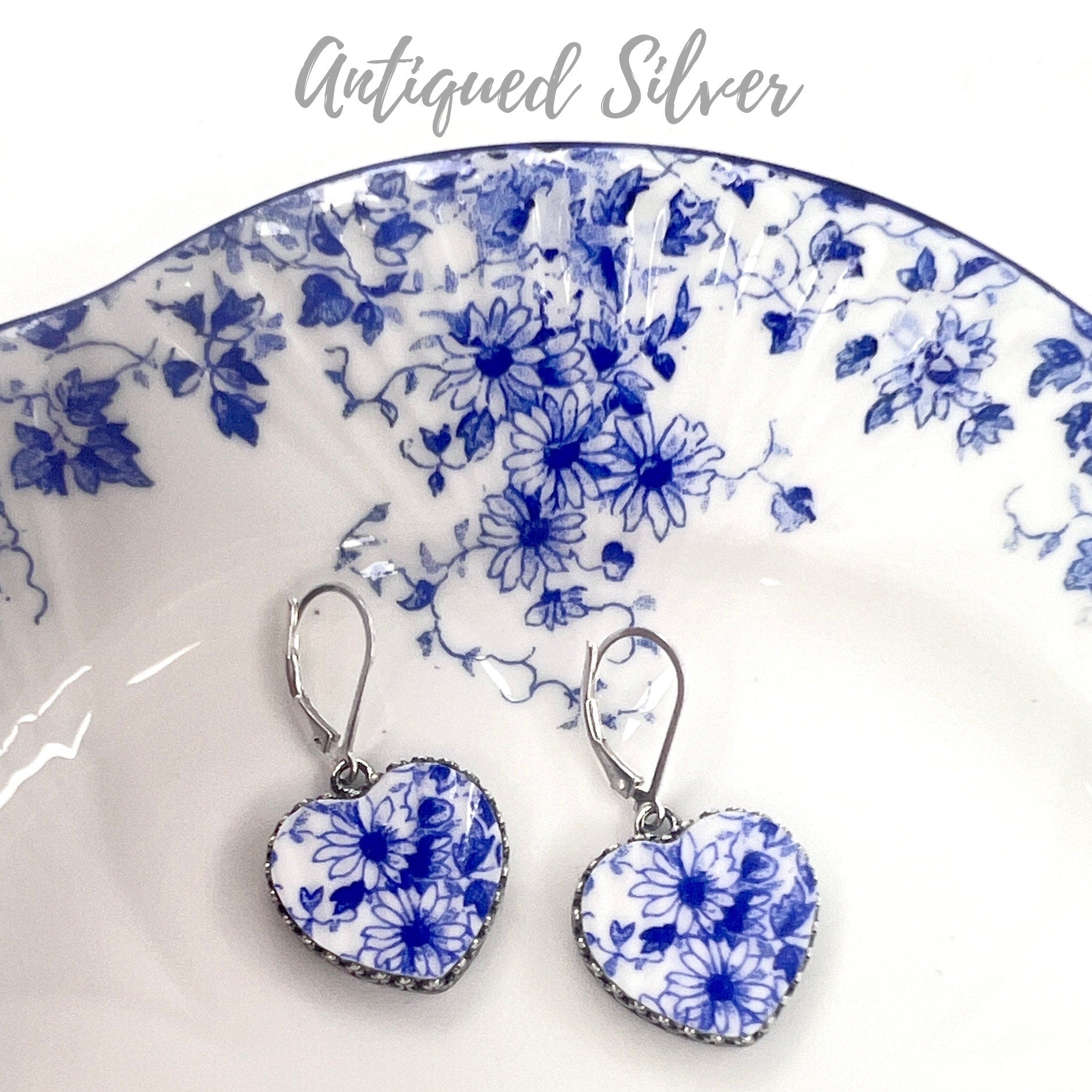 20th Anniversary Gift for Wife Blue and White Broken China Jewelry Heart Earrings