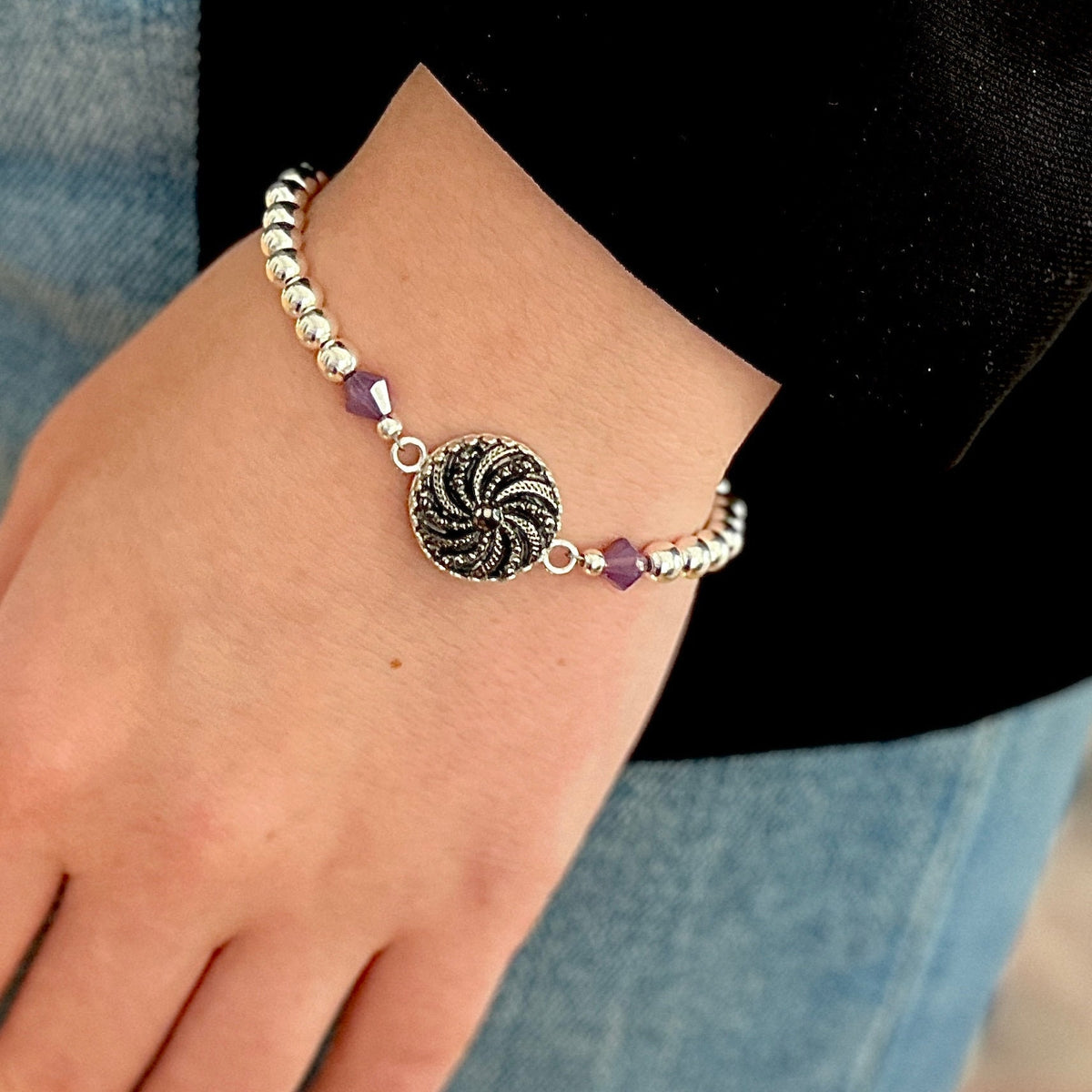 One-of-a-Kind Vintage Black Button Bracelet, Sterling Silver, Unique Birthday Gifts for Women