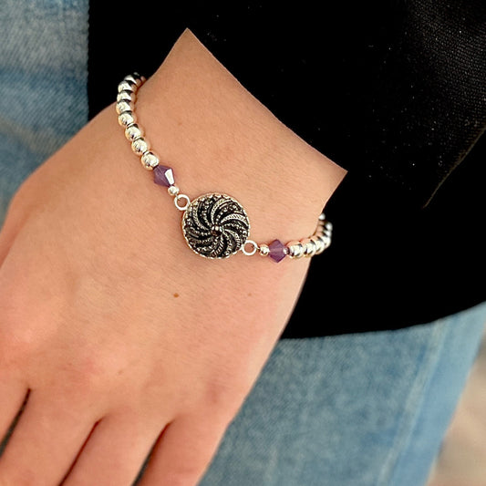 One-of-a-Kind Vintage Black Button Bracelet, Sterling Silver, Unique Birthday Gifts for Women