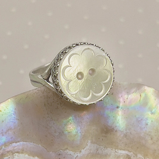Vintage Mother of Pearl Button Ring, Unique Gifts for Women, Repurposed Button Jewelry, Adjustable Sterling Silver Ring